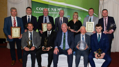 01-04-22. Meath GAA Annual Sponsors Night and Club Awards Presentations 2020/2021 at the Castle Arch Hotel, Trim.
Meath GAA Award Winners 2021 L to R.
Back: John Bermingham, Trim (Club), Liam Kelly, Ratoath (Young Footballer), Michael Mullally and Mossie Flynn, Blackhall Gaels / Kilcloon (Grounds), Ruth Chambers, Walterstown, (PRO), Ciaran Flynn, Dunsany and Kilmessan (Most Improved Referee), Patrick Coyle, Curraha (Referee).
Front: James Kelly, Kiltale (Hurler), Cian Ward (Wolfe Tones (Footballer), John Kavanagh, Chairman, Meath GAA. TJ Reilly, Boardsmill (Hall of Fame) and James Murray, Trim (Young Hurler).
Photo: John Quirke / www.quirke.ie
©John Quirke Photography, 16 Proudstown Road, Navan.  Co. Meath. 046-9028461 / 087-2579454.