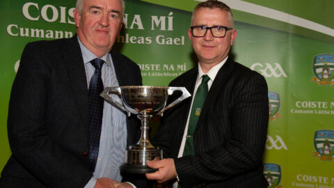01-04-22. Meath GAA Annual Sponsors Night and Club Awards Presentations 2020/2021 at the Castle Arch Hotel, Trim.
Jason Plunkett (Right), Meath GAA Central Council Delegate presenting the Drogheda & Dundalk Dairies Grounds of the Year Cup 2021 to Michael Mullally, Blackhall Gaels (Kilcloon).
Photo: John Quirke / www.quirke.ie
©John Quirke Photography, 16 Proudstown Road, Navan.  Co. Meath. 046-9028461 / 087-2579454.