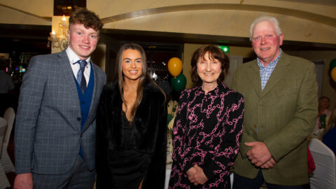 01-04-22. Meath GAA Annual Sponsors Night and Club Awards Presentations 2020/2021 at the Castle Arch Hotel, Trim.
L to R: Justin Coyne, Annie Mullen, Emer Coyne and Pat Coyne.
Photo: John Quirke / www.quirke.ie
©John Quirke Photography, 16 Proudstown Road, Navan.  Co. Meath. 046-9028461 / 087-2579454.