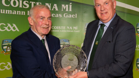 01-04-22. Meath GAA Annual Sponsors Night and Club Awards Presentations 2020/2021 at the Castle Arch Hotel, Trim..
John Kavanagh (Right), Chairman, Meath GAA presenting the Meath GAA Hall of Fame Award 2020 to Brendan Cummins.
Photo: John Quirke / www.quirke.ie
©John Quirke Photography, 16 Proudstown Road, Navan.  Co. Meath. 046-9028461 / 087-2579454.