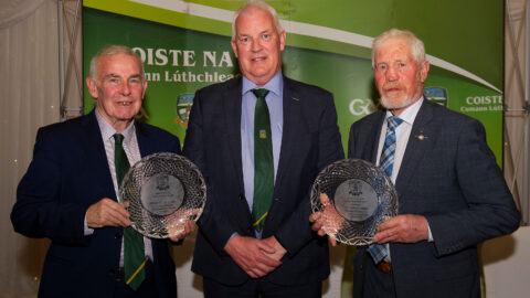 01-04-22. Meath GAA Annual Sponsors Night and Club Awards Presentations 2020/2021 at the Castle Arch Hotel, Trim.
John Kavanagh, Chairman Meath GAA presenting the Meath HAA Hall of Fame award 2020 to Brendan Cummins (Left), Dunsany and 2021 award to TJ Reilly, Boardsmill.
Photo: John Quirke / www.quirke.ie
©John Quirke Photography, 16 Proudstown Road, Navan.  Co. Meath. 046-9028461 / 087-2579454.