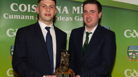 01-04-22. Meath GAA Annual Sponsors Night and Club Awards Presentations 2020/2021 at the Castle Arch Hotel, Trim.
Brian Kelly (Right), Secretary Meath GAA Fe 18 Committee presenting the Young Footballer of the Year award 2021 to Liam Kelly, Ratoath.
Photo: John Quirke / www.quirke.ie
©John Quirke Photography, 16 Proudstown Road, Navan.  Co. Meath. 046-9028461 / 087-2579454.
