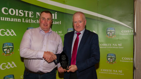 01-04-22. Meath GAA Annual Sponsors Night and Club Awards Presentations 2020/2021 at the Castle Arch Hotel, Trim.
Gene Smith (Right), Assistant Secretary, Meath GAA making a presentation to Páirc Tailteann Groundsman, John McBride.
Photo: John Quirke / www.quirke.ie
©John Quirke Photography, 16 Proudstown Road, Navan.  Co. Meath. 046-9028461 / 087-2579454.