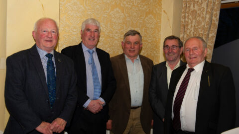01-04-22. Meath GAA Annual Sponsors Night and Club Awards Presentations 2020/2021 at the Castle Arch Hotel, Trim.
L to R: Paddy O’Dwyer, Jim Cooney, Francis Lynch, Paddy Brady and Ned Bland.
Photo: John Quirke / www.quirke.ie
©John Quirke Photography, 16 Proudstown Road, Navan.  Co. Meath. 046-9028461 / 087-2579454.