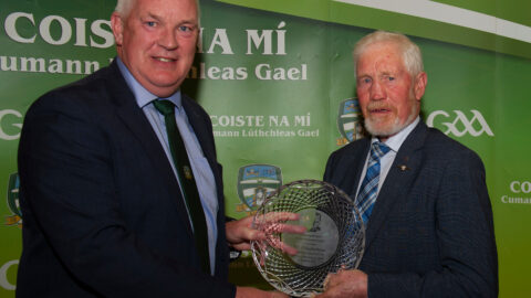 01-04-22. Meath GAA Annual Sponsors Night and Club Awards Presentations 2020/2021 at the Castle Arch Hotel, Trim.
John Kavanagh (Left), Chairman Meath GAA presenting the 2021 Hall of Fame award to TJ Reilly, Boardsmill.
Photo: John Quirke / www.quirke.ie
©John Quirke Photography, 16 Proudstown Road, Navan.  Co. Meath. 046-9028461 / 087-2579454.