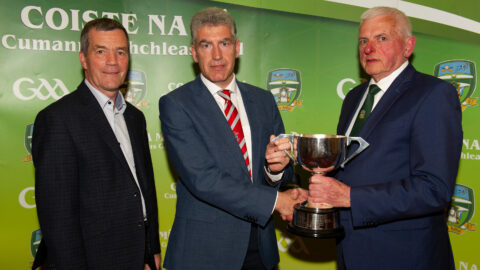 01-04-22. Meath GAA Annual Sponsors Night and Club Awards Presentations 2020/2021 at the Castle Arch Hotel, Trim.
Noel Dempsey (Left) and Jim Mullery (Right), Treasurer, Meath GAA presenting the Dempsey Cup Club of the Year Award 2021 to John Bermingham, Trim.
Photo: John Quirke / www.quirke.ie
©John Quirke Photography, 16 Proudstown Road, Navan.  Co. Meath. 046-9028461 / 087-2579454.